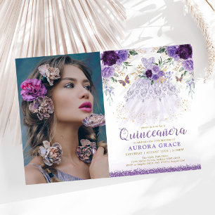 Lila Lilac Quinceañera Princess Dress Butterfly Inbjudningar