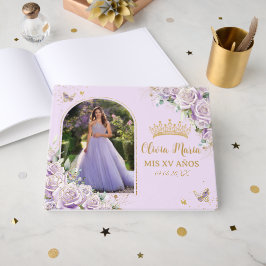Lila Lilac Ro Blommigt Guld Quinceañera Photo Gästböcker