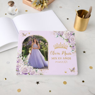 Lila Lilac Ro Blommigt Guld Quinceañera Photo Gästböcker