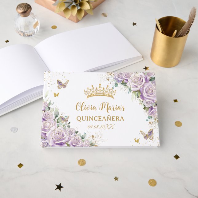 Lila Lilac Ro Blommigt Guld Quinceanera Quince Gästböcker (Framsida öppen)