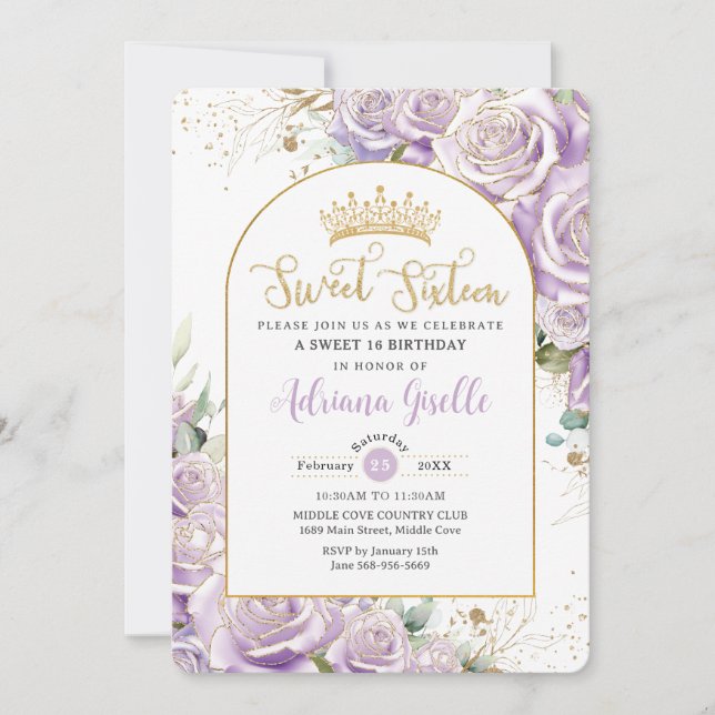 Lila Lilac Ro Blommigt Guld Sweet 16 Birthday Inbjudningar (Framsida)