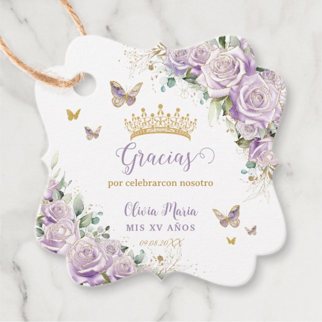 Lila Lilac Ro Blommigt Quinceanera 15 Bilingual Gåvor Etiketter (Framsida)