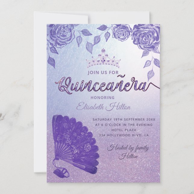 Lila Lilac ro romantic hand fläkt Quinceañera Inbjudningar (Framsida)