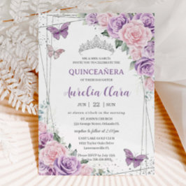 Lila Lilac Rosa Blommigt Butterflies Quinceañera Inbjudningar
