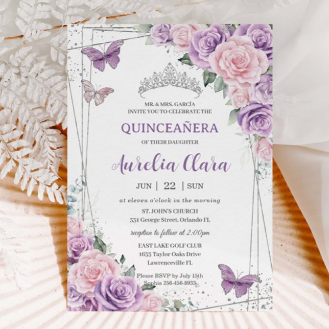 Lila Lilac Rosa Blommigt Butterflies Quinceañera Inbjudningar (lavender-purple-lilac-pale-pink-flowers-floral-roses-silver-geometric-quinceanera-sweet-16-invites)