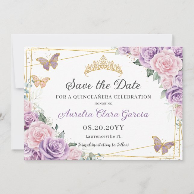 Lila Lilac Rosa Blommigt Quinceañera Sweet sixteen Spara Datumet (Framsida)