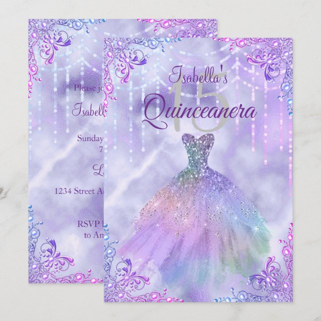 Lila Lilac Silver Pearl Gown Quinceanera Party Inbjudningar (Fram/baksida)