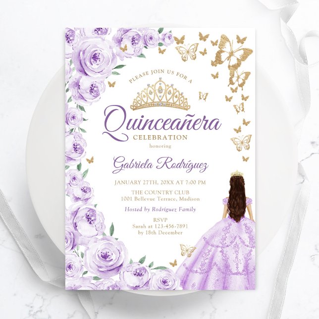Lila Lilac Watercolor Blommigt Guld Quinceanera Inbjudningar (Skapare uppladdad)