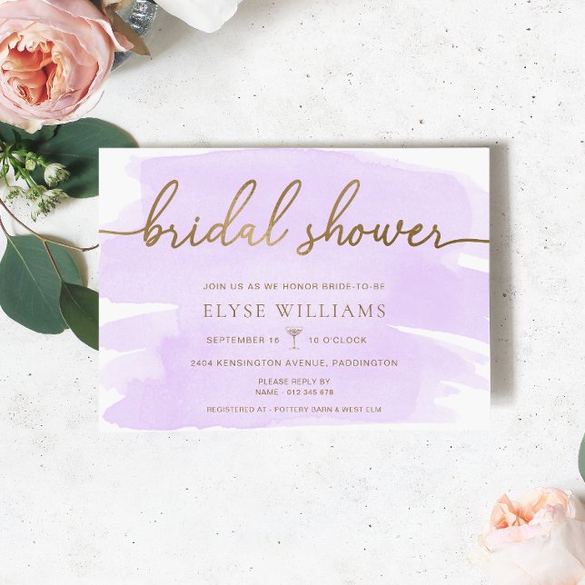 Lila Lilac Watercolor Guld Möhippa Inbjudningar (Bridal Shower Invitation Purple Watercolour Gold )