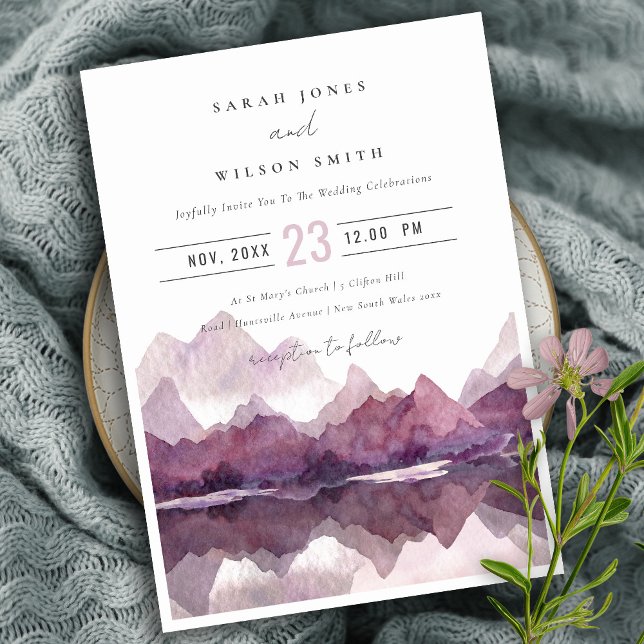 Lila Lilac Watercolor Mountain Sjö Bröllop Inbjudningar (Skapare uppladdad)