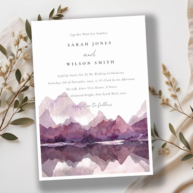 Lila Lilac Watercolor Mountain Sjö Bröllop Inbjudningar (Skapare uppladdad)
