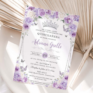 Lila Lilac White Blommigt Silver Quinceañera XV 16 Inbjudningar