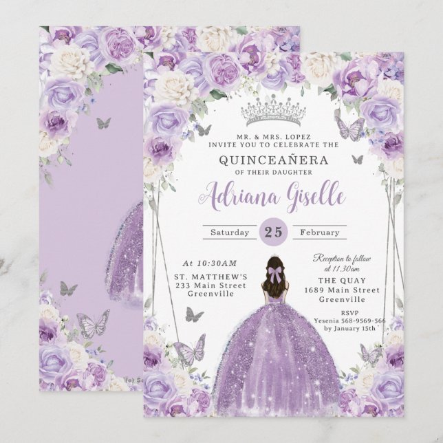 Lila Lilac White Blommigt Silver Quinceañera XV 16 Inbjudningar (Fram/baksida)