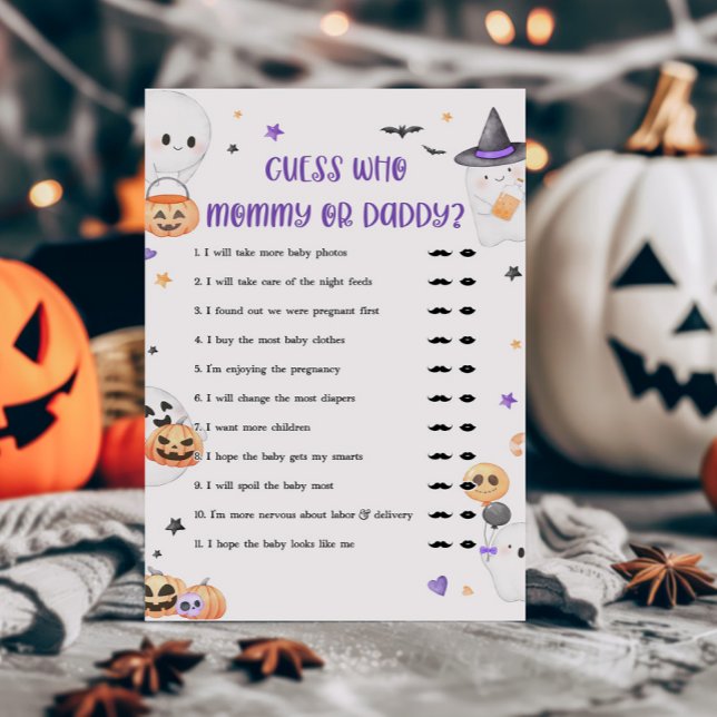 Lila lilla Boo Gissa vem Mamma eller Pappa spel (Baby is Brewing Baby Shower Guess who Mommy or Daddy Game)