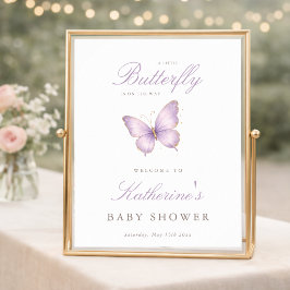 Lila lilla fjäril Baby Shower Välkomstaffisch Poster