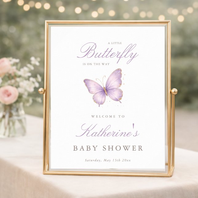Lila lilla fjäril Baby Shower Välkomstaffisch Poster (Skapare uppladdad)