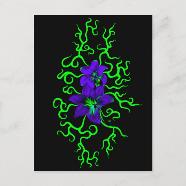 Lila Lily Flower på svart Vykort (Framsida)