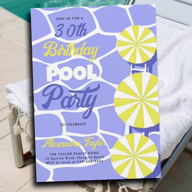 Lila Lime vid 30års födelsedag sommaren Bassäng Pa Inbjudningar (30th birthday party ideas for women pool umbrellas purple yellow personalized invitation summer fun)