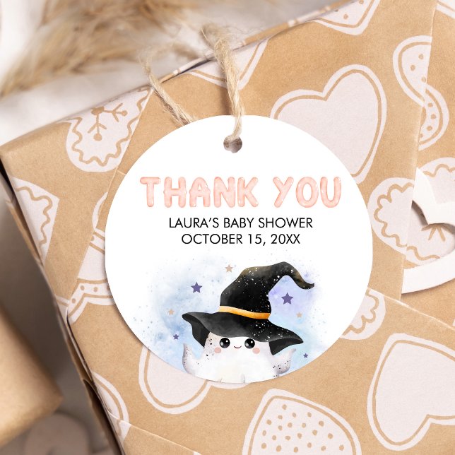 Lila Little Boo Ghost Witch Baby Shower Round Gåvor Etiketter (Little Boo Halloween Baby Shower Square Favor Tags)
