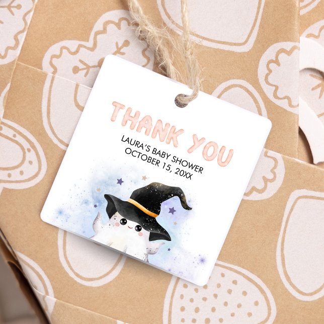 Lila Little Boo Ghost Witch Baby Shower Square Gåvor Etiketter (Little Boo Halloween Baby Shower Square Favor Tags)