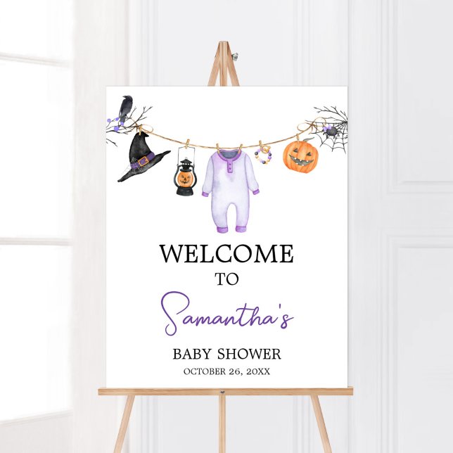 Lila Little Boo Halloween Baby Shower Välkommen Poster (Halloween Baby Clothes Baby Shower Welcome Sign)