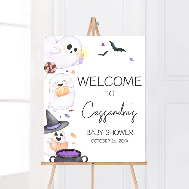 Lila Little Boo Halloween Baby Shower Välkommen Poster (Purple Little Boo Baby Shower Welcome Sign)
