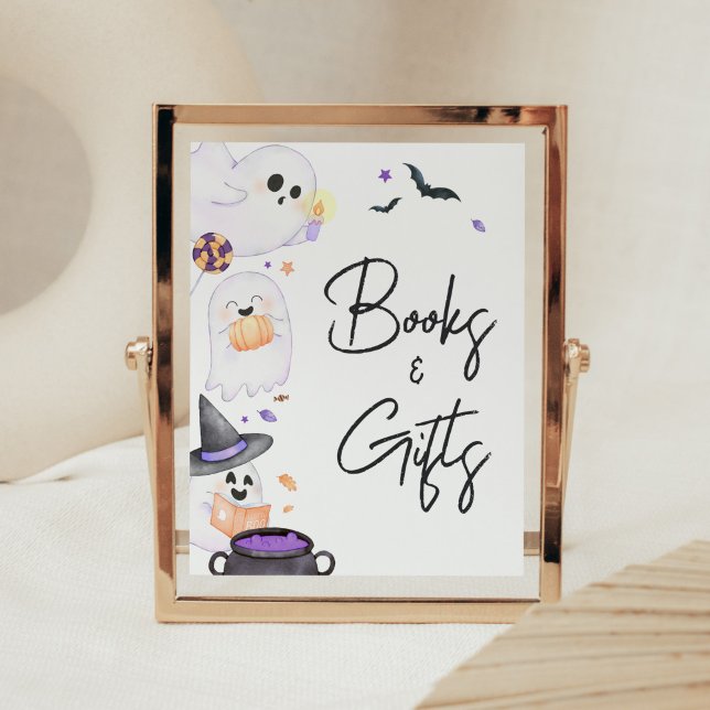 Lila Little Boo Halloween Bokar och presenter Poster (Purple Little Boo Baby Shower Books and Gifts Sign)
