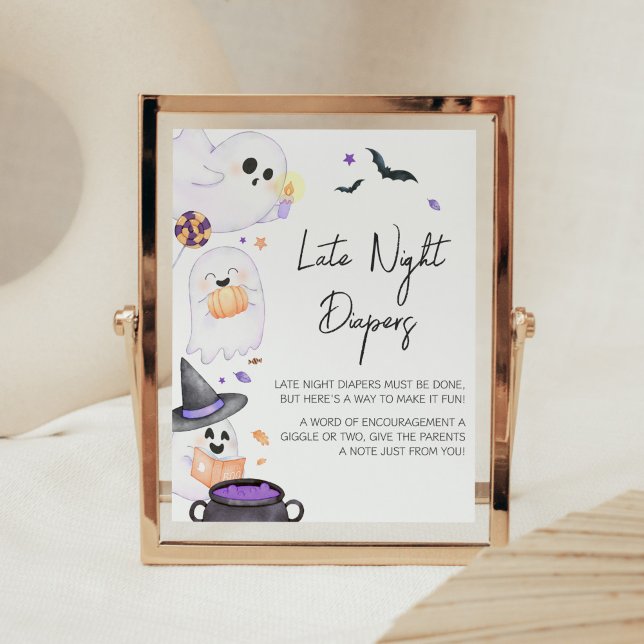 Lila Little Boo Halloween Late Nattblöjor Poster (Purple Little Boo Baby Shower Late Night Diapers Sign)