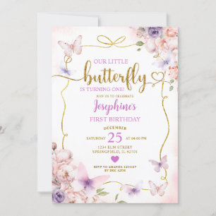 Lila Little Butterfly Rosa Blommigt 1:a födelsedag Inbjudningar