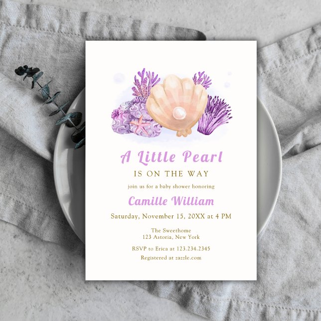 Lila Little Pearl Ocean Seashell Baby Shower Inbjudningar (Purple Little Pearl Ocean Seashell Baby Shower Invitation)
