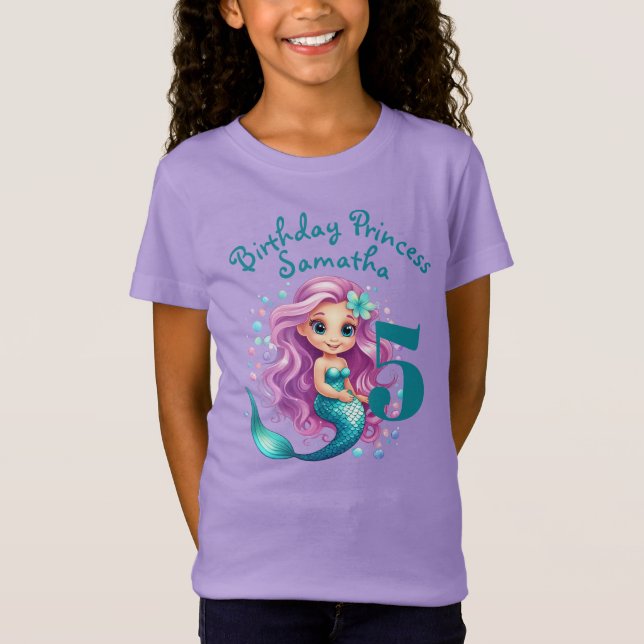 Lila Little Sjöjungfru Watercolor Birthday Girl T Shirt (Framsida)