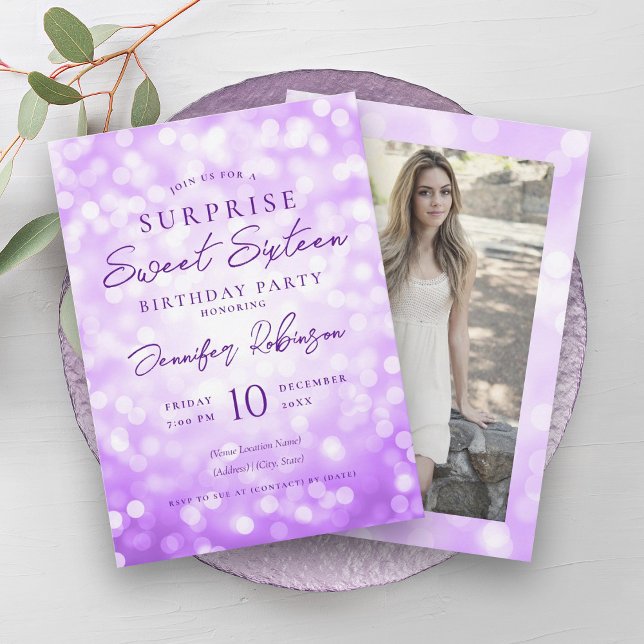 Lila Ljus Photo SURPRISE Sweet 16 Inbjudningar (Purple Lights Photo SURPRISE Sweet 16 Invitation)