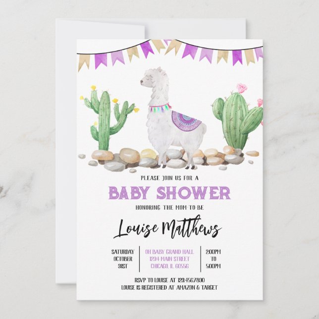 Lila Llama Baby Shower Inbjudningar (Framsida)