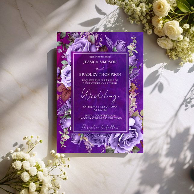 Lila Llax vintage ro elegant bröllop Inbjudningar (Purple lilac  velvet vintage roses elegant wedding invitation cards template instant download)