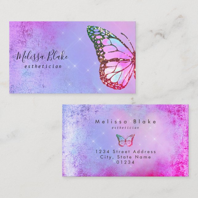 lila logotyp för fjäril visitkort (Fram/baksida)