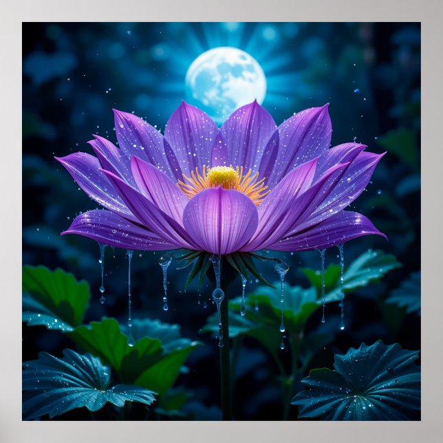 Lila Lotus Blommar under Moonlit Poster (Framsidan)