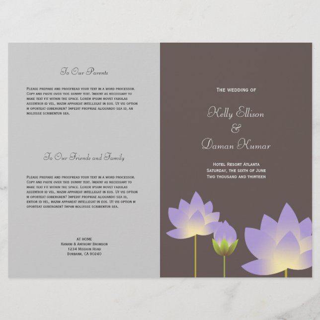 Lila lotus-blommor, modernt grått-bröllopsprogram (Framsida)
