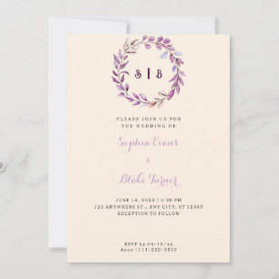 Lila Löv Monogrammed Utandningsluft Gult Bröllop Inbjudningar