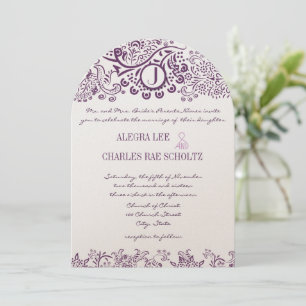 Lila Love birds Damask Monogram Bröllop Inbjudningar