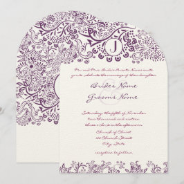 Lila Love birds Damask Monogram Bröllop Inbjudningar