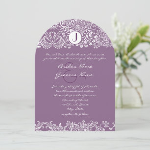 Lila Love birds Damask Monogram Bröllop Inbjudningar