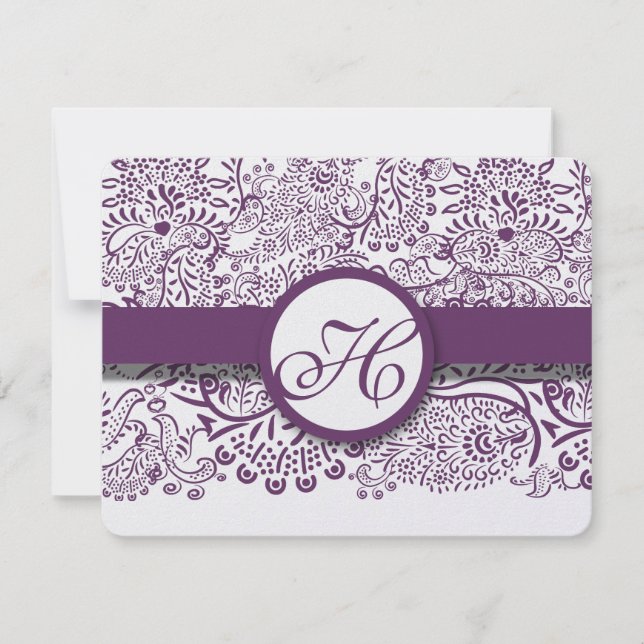 Lila Love birds Damask Monogram Bröllop OSA Kort (Framsida)