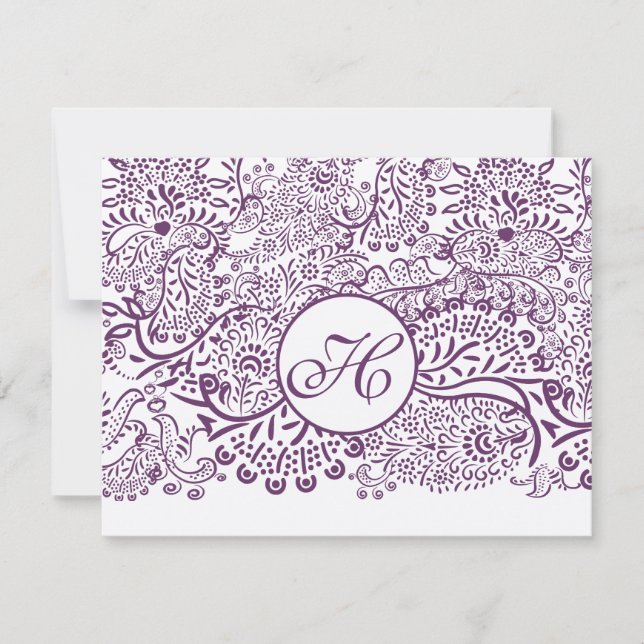 Lila Love birds Damask Monogram Bröllop OSA Kort (Framsida)