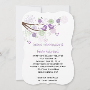 Lila Love birds Swirls Hand plockade Blommigt Bröl Inbjudningar