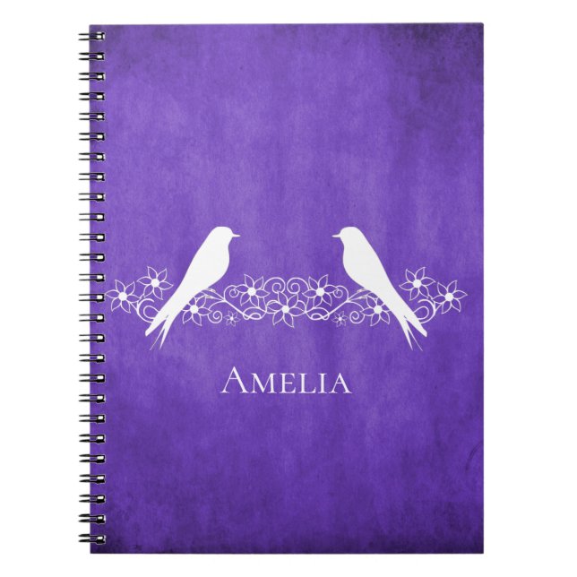 Lila Lovebird Blommigt Vine Notebook Anteckningsbok (Framsidan)