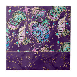 Lila Luxe under vatten | Mörk Pastel Guld Sea Life Kakelplatta