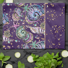 Lila Luxe under vatten | Mörk Pastel Guld Sea Life Kökshandduk