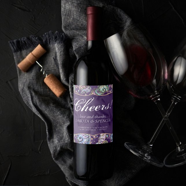 Lila Luxe under vatten | Mörk Pastel Guld Sea Life Vinflaska Etikett (Skapare uppladdad)