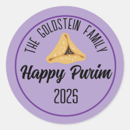 Lila Lycklig Purim Hamentashen Classic Round Stick Runt Klistermärke