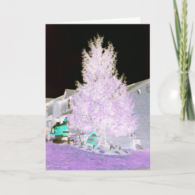 Lila lysande julgran helgkort (Framsida)